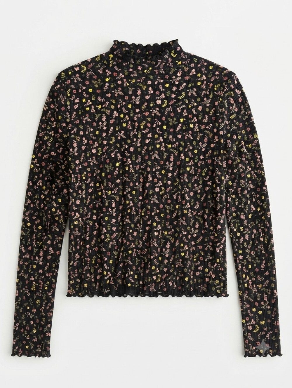 Old Navy Black Floral Ribbed Knit Mock Turtleneck Long Sleeve Top XL Lettuce Hem
